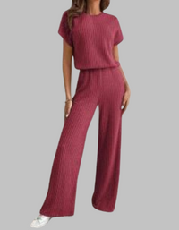Paula | Damen Rippstrick-Set Kurzarm Top Weite Hose Casual in Ziegelrot
