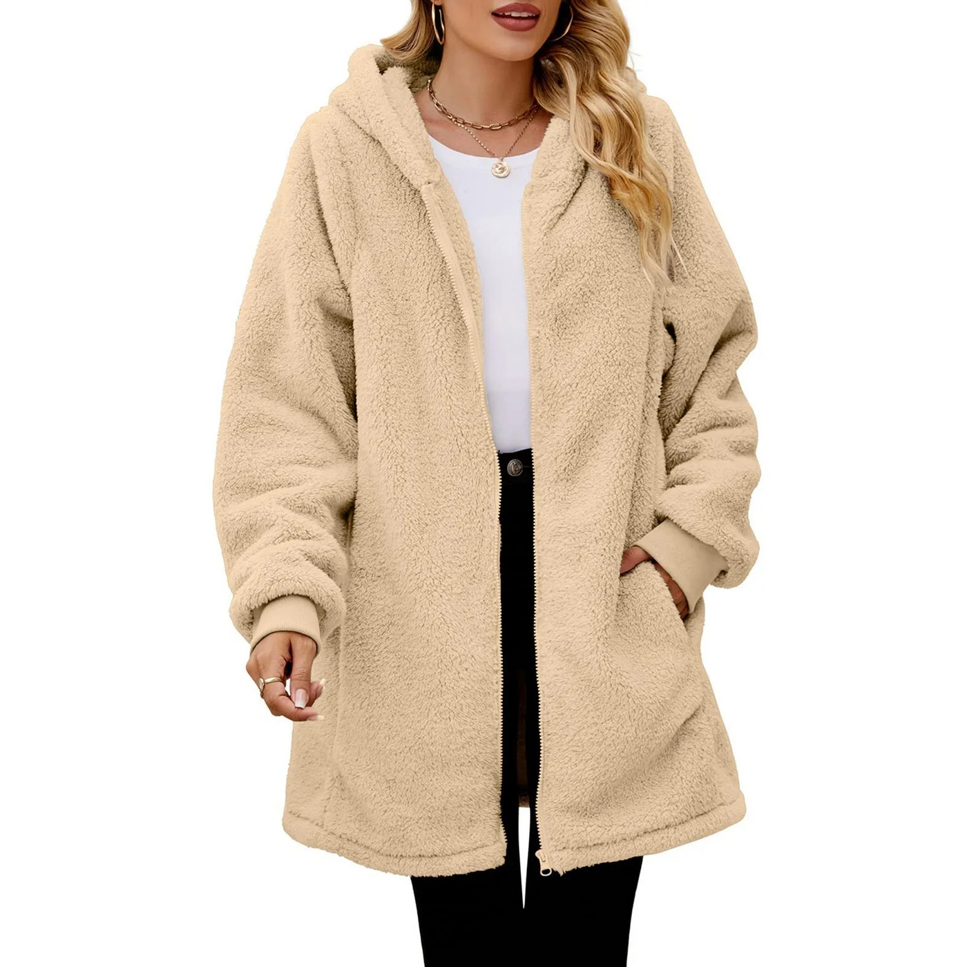 Warme Teddyjacke Damen mit Taschen und lockerer Passform