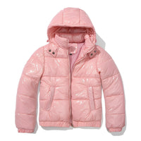 Yazmin - Eine dicke, glänzende Damenjacke mit Kapuze in Rosa
