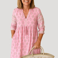 Thekla | Damen Boho Midikleid Taschen Praktisch Romantic Sommer in Pink