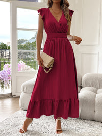Alina | Damen Maxikleid V-Ausschnitt Rüschen Saum Romantisch Sommer in Rot