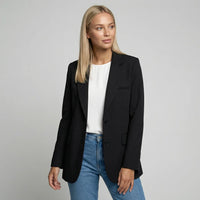 Marianne | Damen Langer Blazer Zweiknopf Klappentaschen Elegant Business in Schwarz