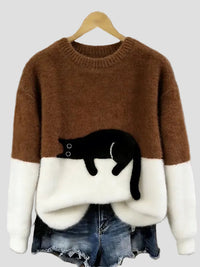 Luna | Damenpullover mit Katzenmotiv in Braun