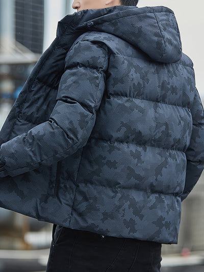 Warme Baumwoll-Steppjacke im Camouflage-Stil mit abnehmbarer Kapuze für Herren | Ideal für den Winter