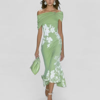 ISABRUNEL - Off-Shoulder Floral Midi Kleid mit Rüschensaum in Grün