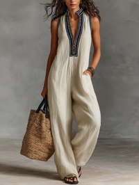 Ingrid | Damen Ärmelloser Jumpsuit Leinenmischung Stickerei Boho Natural in Foto Farbe