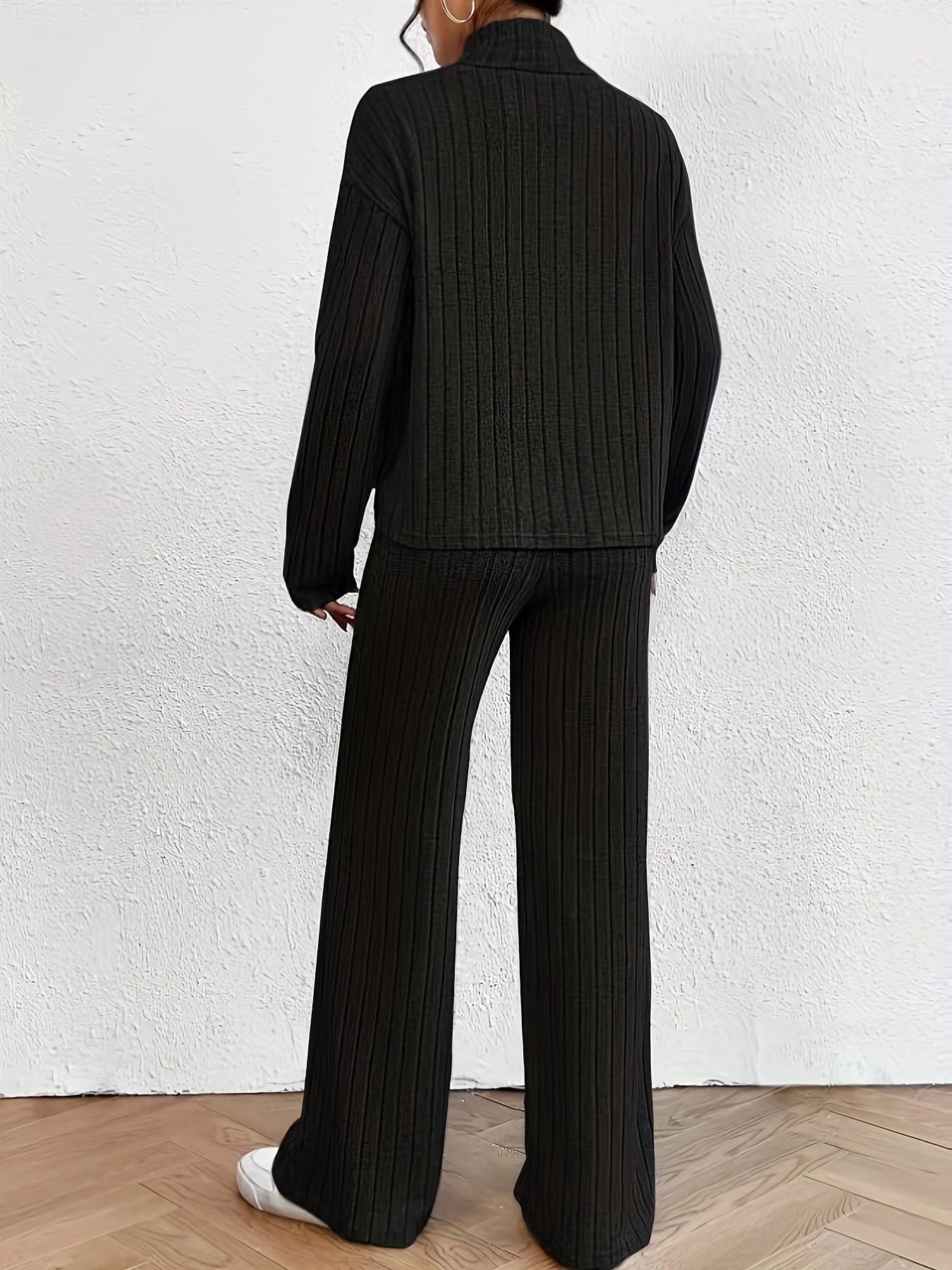 Lässiges Rippstrick Mock Neck Top und Weite Hose Set für Damen | Ideal für Active Wear