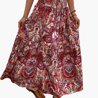 Damen Boho Lange Blumige Elegante Sommermode Rock mit Taschen in Weinrot
