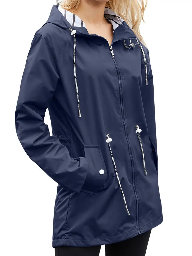 Stylische Wasserdichte Regenjacke mit Reissverschluss und Kapuze sowie Kordelzug für Damen | Ideal für den Winter