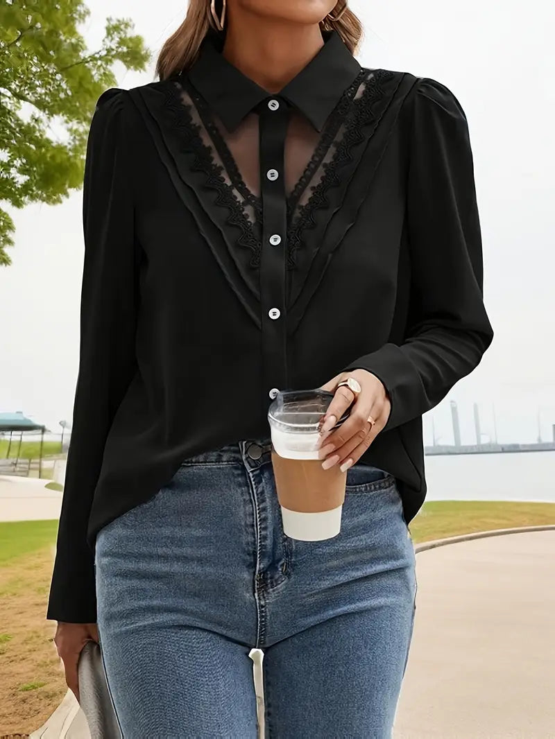 Browstone® | Bluse mit Reverskragen und kontrastierender Spitze