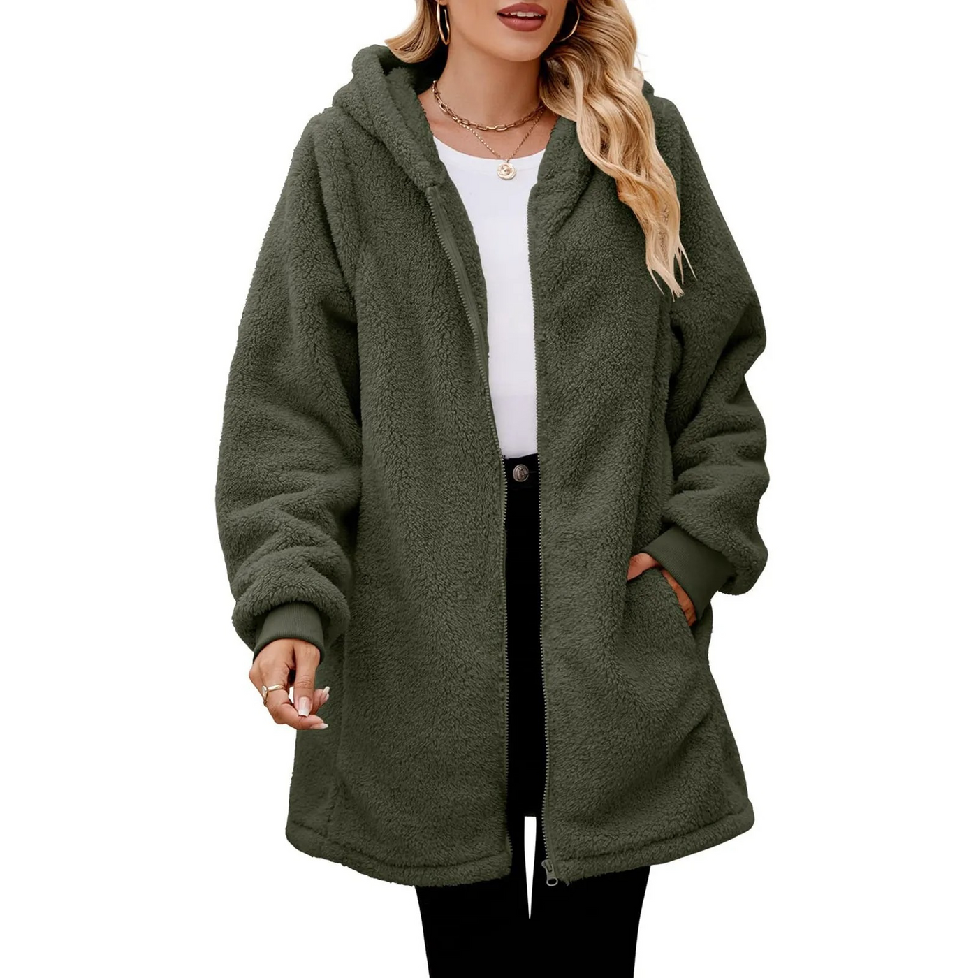 Trevalé - Langer Teddy-Jacke Damen mit Kapuze und Reißverschluss