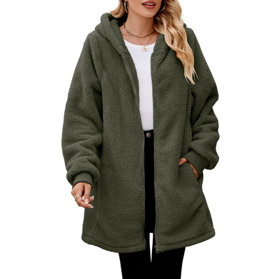 Trevalé - Langer Teddy-Jacke Damen mit Kapuze und Reißverschluss