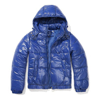 Yazmin - Eine dicke, glänzende Damenjacke mit Kapuze in Blau