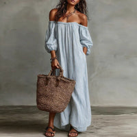 Mia | Damen Gestreiftes Knopfleisten Dreiviertelarm Midi-Kleid in Blau