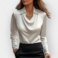 Sofia | Damen Bluse Wasserfallkragen Fließend Feminin Elegant Casual in Weiß