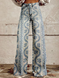 Josie | Damen Schlaghose Blumenmuster Romantic Retro Boho Trend in Blaues Muster