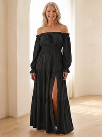 Adira | Off-Shoulder Smock-Maxikleid in Schwarz