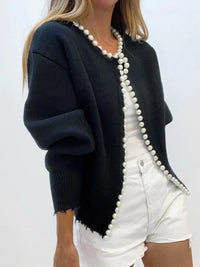 Strickjacke mit Perlenbesatz und geripptem Saum-PEARL in Schwarz