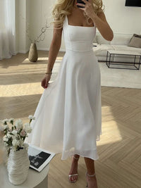 Marie | Damen A-Linie Midikleid Elegant Zeitlos Raffiniert Business in Weiß
