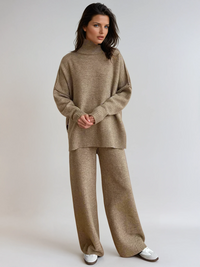 Damen Turtleneck Lounge Set mit Weitbein-Hosen in Beige