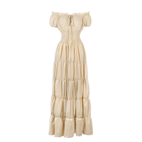 Margaret - Damen Maxikleid mit schulterfreiem Design und gestuftem Rock mit gerafftem Bund in Beige