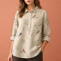 Blumenmuster Bluse mit langen Ärmeln und Kragen für Damen | Viona in Beige