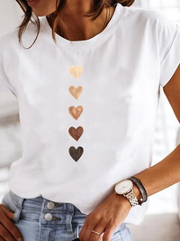 Leonora | Damen Herz Print T-Shirt Rundhals Kurzarm in Weiß