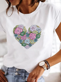 Leonora | Damen Herz Print T-Shirt Rundhals Kurzarm in Weiß 5