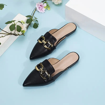 Flamingo | Flache Damen Pantoletten mit Metalldekor