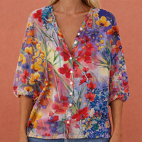 Bedruckte Bluse mit V-Ausschnitt und Knopfverschluss für Damen | Mireya in Blau