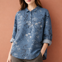 Blumenmuster Bluse mit langen Ärmeln und Kragen für Damen | Viona in Blau