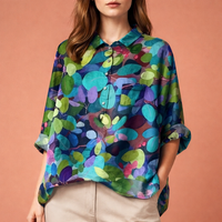 Blumenmuster Bluse mit langen Ärmeln und Kragen für Damen | Viona in Blaugrün