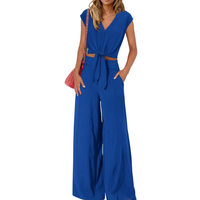 Michelle - V-Ausschnitt Crop Top mit Knoten vorne und weit geschnittene Hose Set in Blau