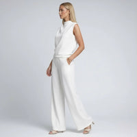 Émilie | Damen Set Jumpsuit Kurzarm Hoher Kragen Weit Modern Sommer in Weiß