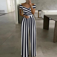 Isla | Damen Overall Off-Shoulder Wickel-Dekolleté Blattdruck in Streifen
