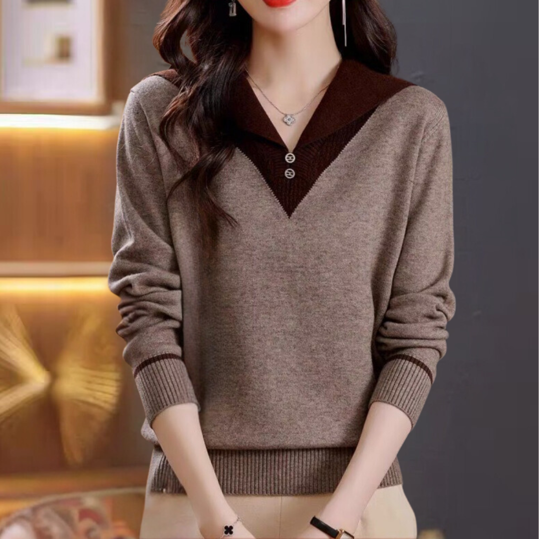 Ciri - Stylischer Damenpullover mit V-Ausschnitt und schicken Patchwork-Details