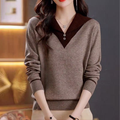 Ciri - Stylischer Damenpullover mit V-Ausschnitt und schicken Patchwork-Details