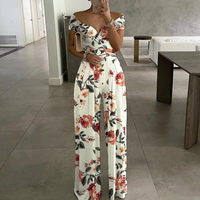 Isla | Damen Overall Off-Shoulder Wickel-Dekolleté Blattdruck in Weiße Blume