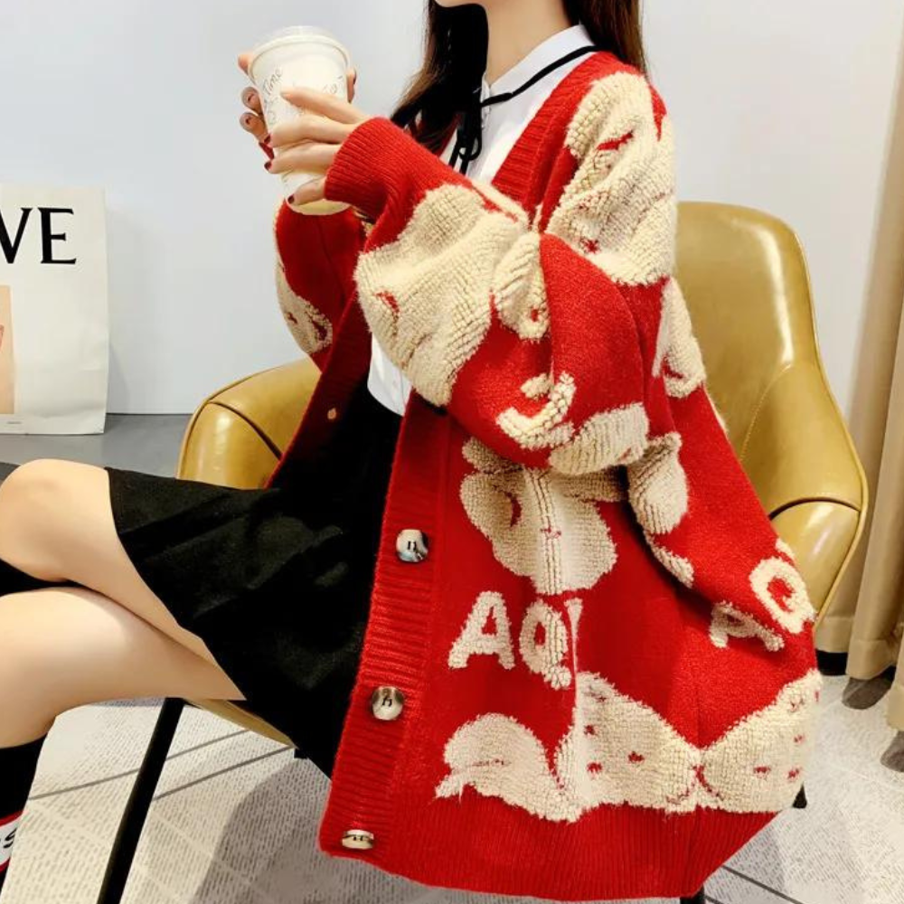 Elettra - Damen Strickjacke mit V-Ausschnitt und niedlichem Bärendruck