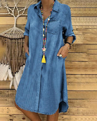 Brenda - Denim Langarmhemdkleid mit Brusttasche in Blau