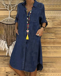Brenda - Denim Langarmhemdkleid mit Brusttasche in Marineblau