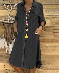 Brenda - Denim Langarmhemdkleid mit Brusttasche in Schwarz