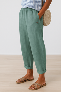 Isabella | Damen Lässige Hose Mit Taschen Und Umschlag in Hellgrün