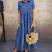 Elizabeth | Damen Maxikleid mit kurzen Ärmeln und Taschen in Blau