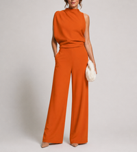 Josefine | Damen Ärmellos Mock Neck Weites Bein Jumpsuit in Orange