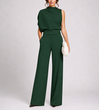 Josefine | Damen Ärmellos Mock Neck Weites Bein Jumpsuit in Grün