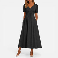 Élise | Damen Midikleid V-Ausschnitt Taillenfalten Elegant Feminin in Schwarz
