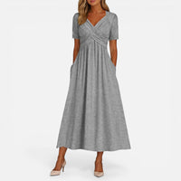 Élise | Damen Midikleid V-Ausschnitt Taillenfalten Elegant Feminin in Grau