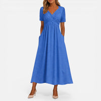 Élise | Damen Midikleid V-Ausschnitt Taillenfalten Elegant Feminin in Blau