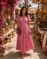 Élina | Lange fließende Blumenrobe in Rosa